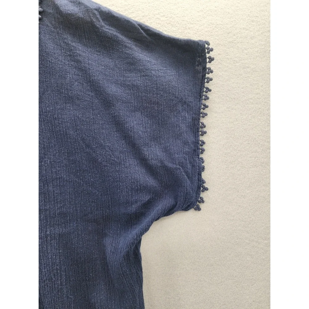 J.Crew Womens Navy Blue Gauze Cotton Pom Pom Boho Peasant Top‎ Blouse Medium